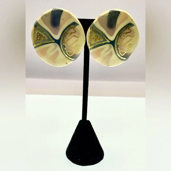 Vintage Porcelain Painted Oval Clip On Earrings Abstract Design - Picture 7 of 7